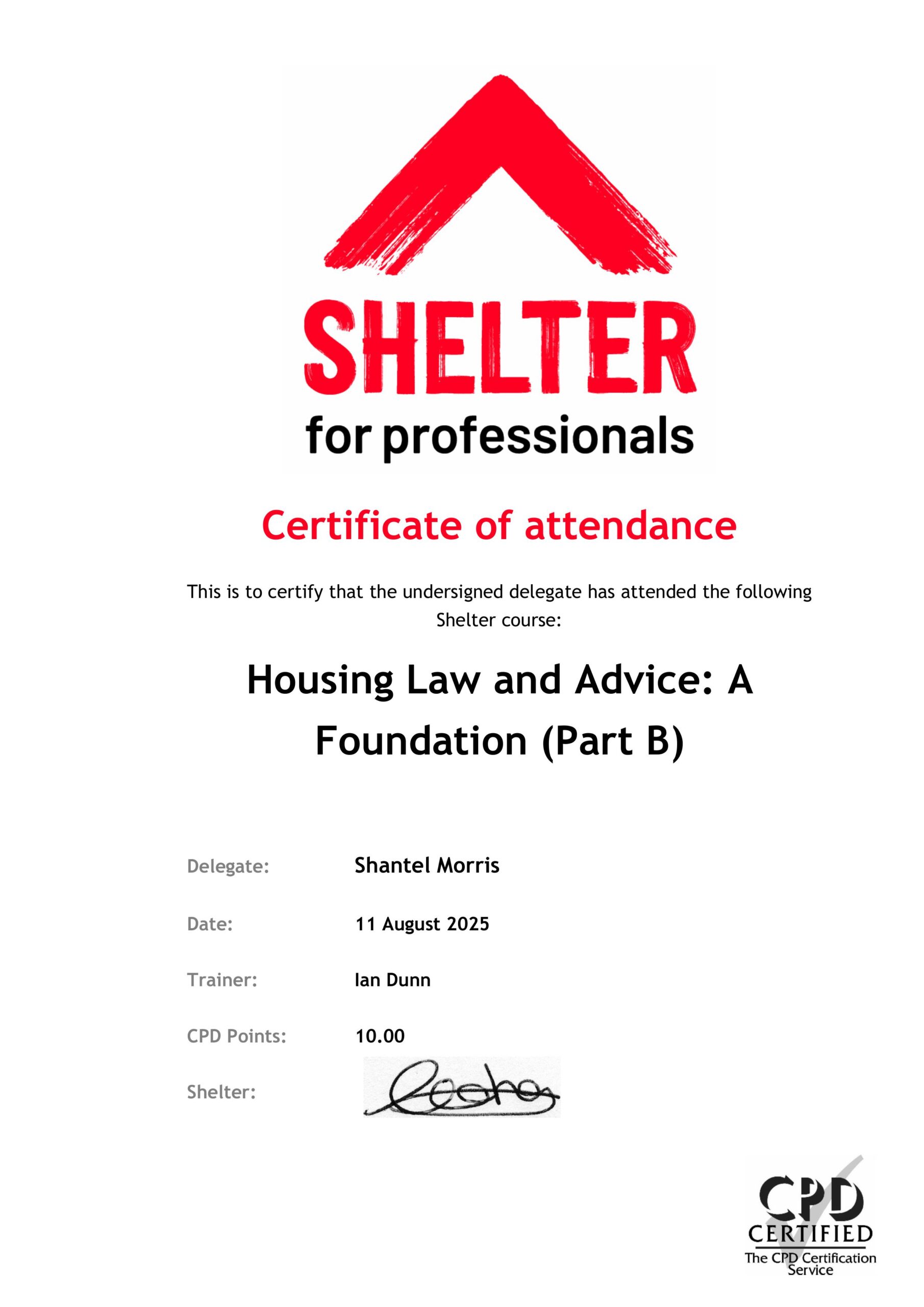 Shantel Morris - Housing Law and Advice A Foundation (Part B) Certificate